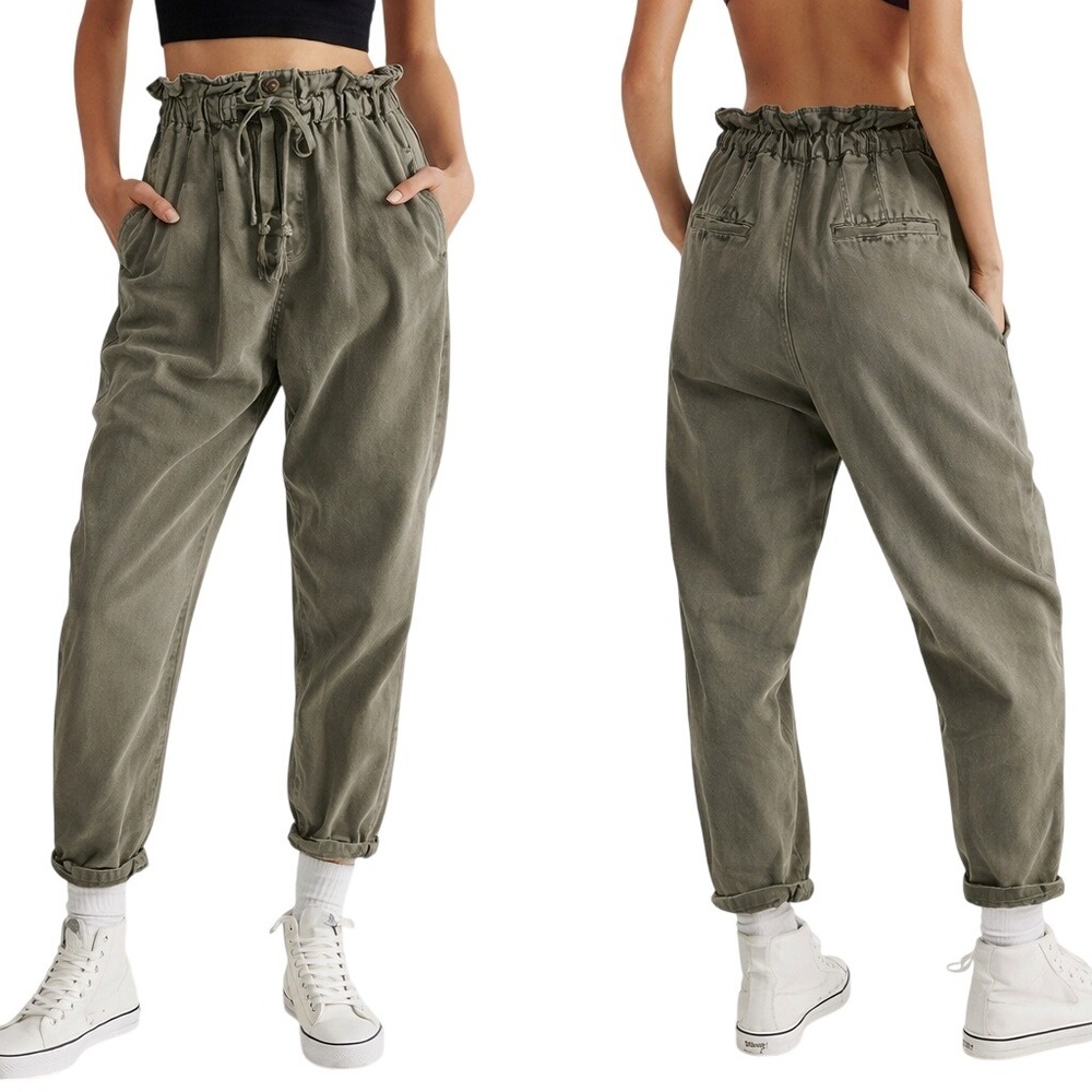 Free People Womens XS Margate Paper Bag Pleated Pants in Green